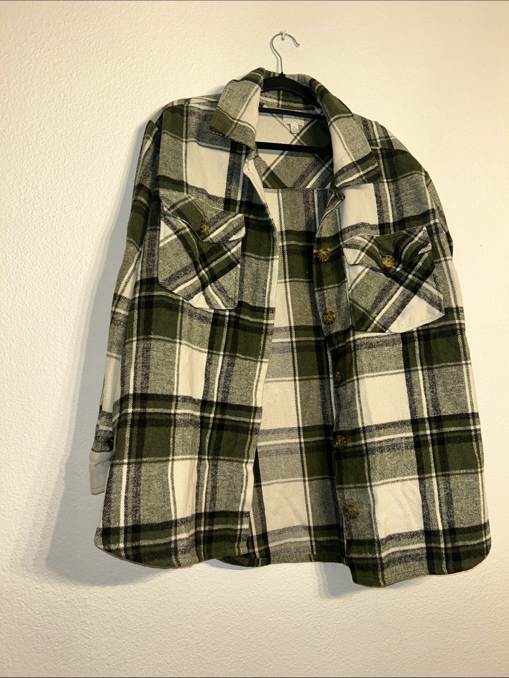 Time and Tru Olive Green & Cream Plaid Shirt Jacket